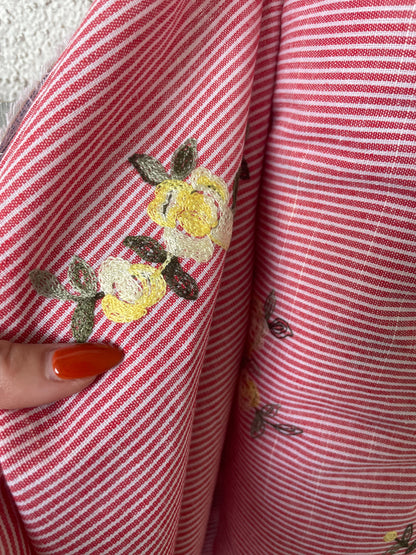 Red White Stripe Yellow Embroidered Flowers Cotton Oxford "Picnic Perfect"