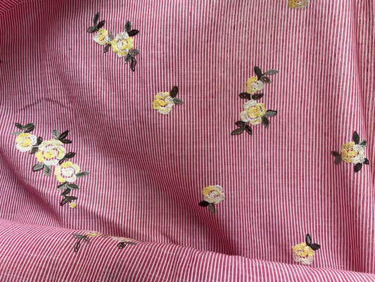 Red White Stripe Yellow Embroidered Flowers Cotton Oxford "Picnic Perfect"