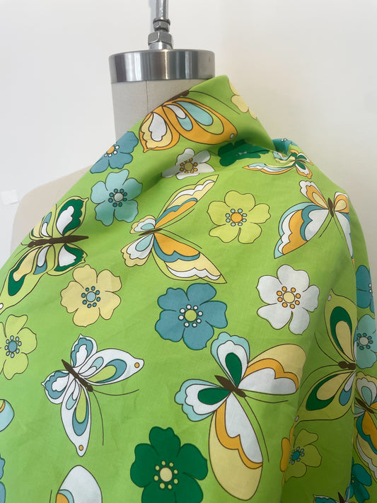 Lime Yellow Butterfly Cotton Spandex Poplin Woven "Spring Meadow"