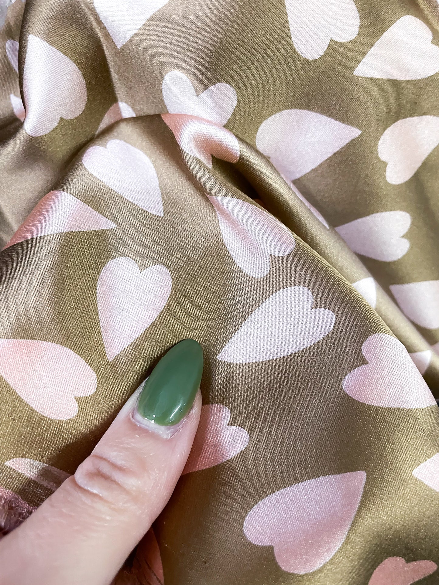 Taupe Pink Heart Print  Stretch Silk Charmeuse "Warm Love"