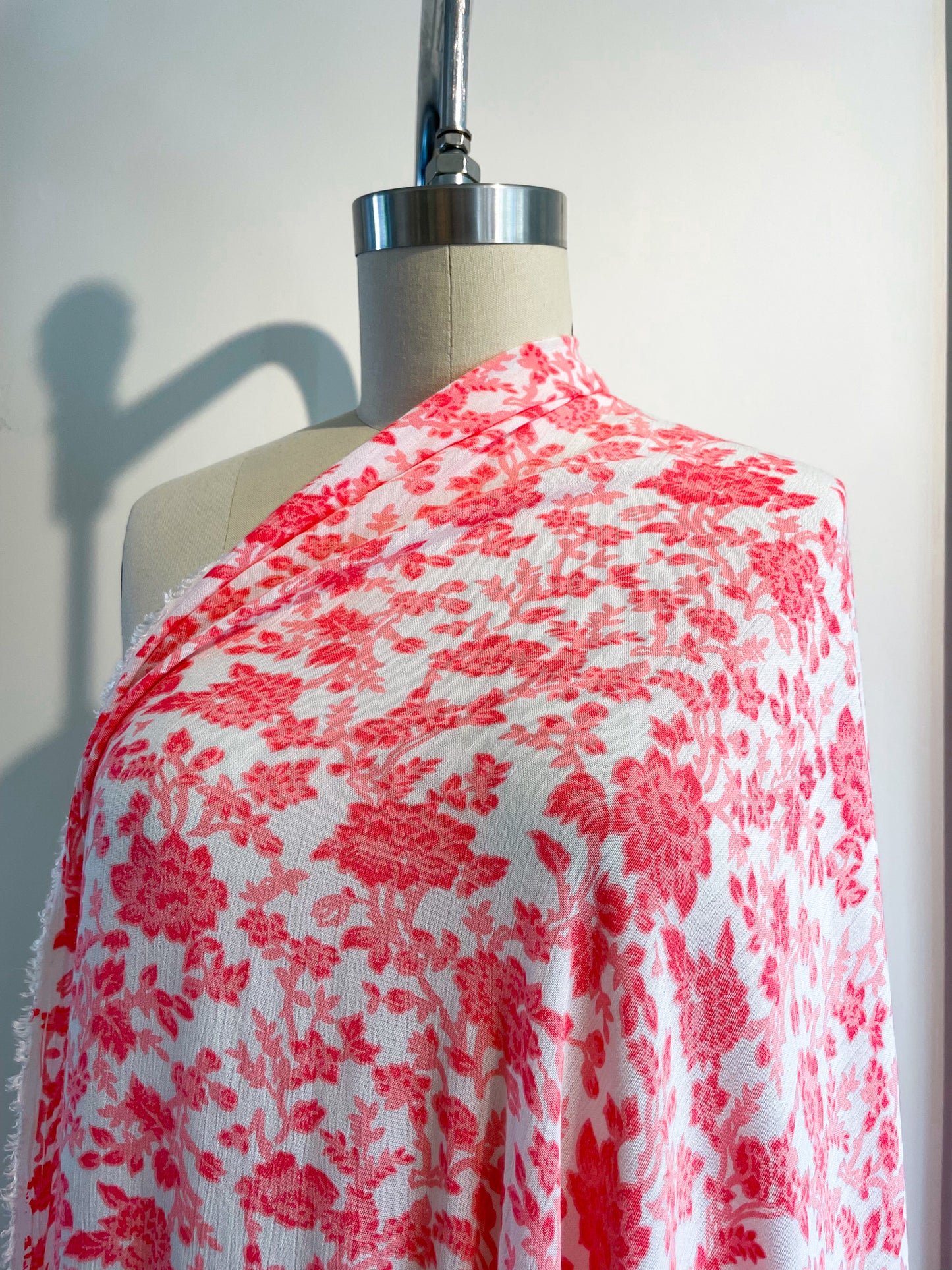 Pink White Floral Rayon Crepe "Rose Tea"