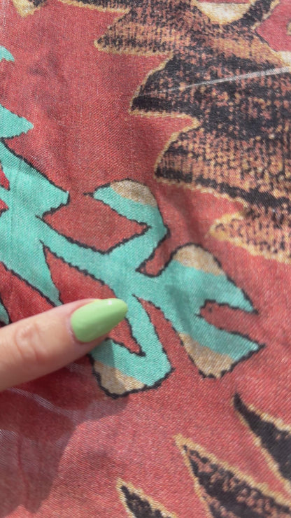 Brick Red Turquoise Southwest Ikat Print Cotton Gauze Woven "Rio Rancho"
