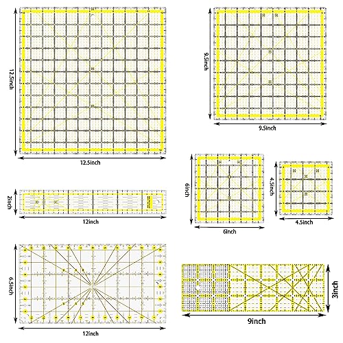 7 Piece Acrylic Quilting Ruler,Fabric Cutting Ruler, for Quilting, Sewing & Crafts Template, Double-Colored Grid Lines，with Non Slip Rings 50 Pieces