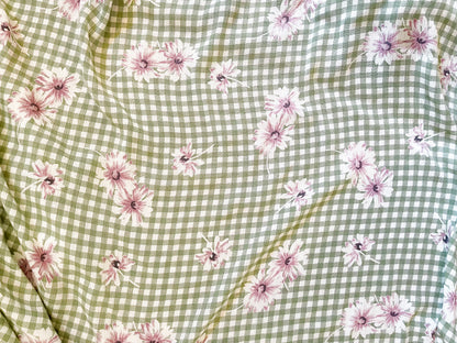 Sage Lavender Gingham Daisy Cottage Core Rayon Crepe "Sage Picnic"