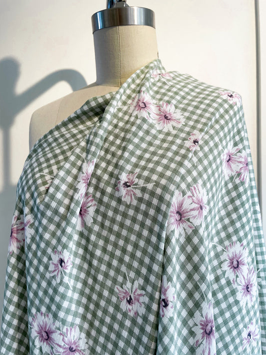 Sage Lavender Gingham Daisy Cottage Core Rayon Crepe "Sage Picnic"